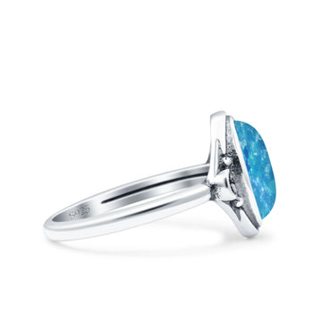 Vintage Style Petite Dainty Lab Created Blue Opal Ring Solid Oval Oxidized 925 Sterling Silver
